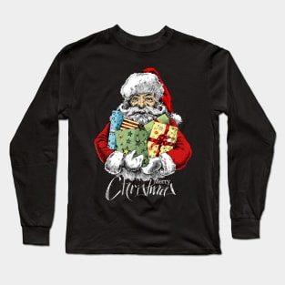 Santa Claus Merry Christmas Holding Gift Sketchy Long Sleeve T-Shirt